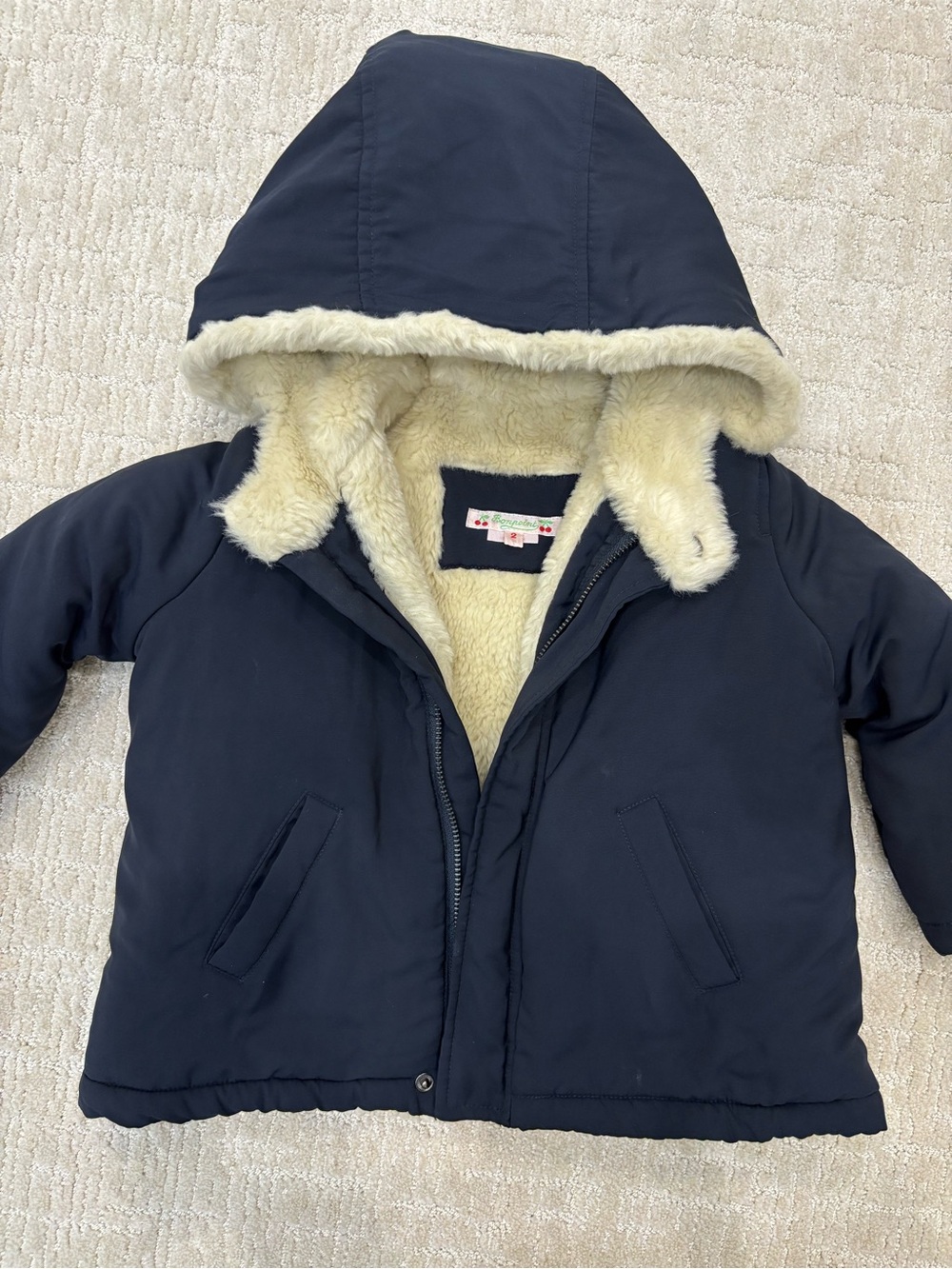 Bonpoint Navy Puffer Jacket with Cream Faux-Sherpa Lining (Size 2)